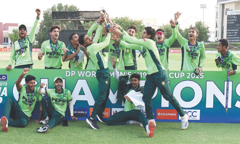 PAKISTAN&rsquo;S Under-19 cricket team celebrate with the trophy after their emphatic win against arch-rival India in Asia Cup final at the ICC Aca&shy;demy Ground on Sunday.&mdash;Courtesy Asian Cricket Council