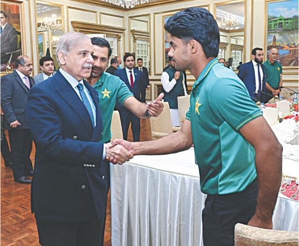 PAKISTAN Under-19 captain Farhan Yousaf is introduced to the premier by team mentor Sarfraz Ahmed during a luncheon hosted at the Prime Minister House.&mdash;White Star