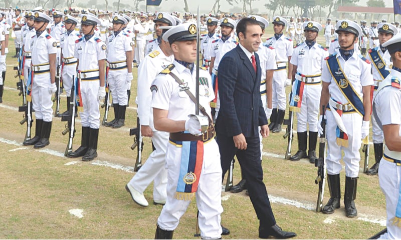 PPP Chairman Bilawal Bhutto-Zardari is given a guard of honour at the Cadet College  Petaro function on Monday.&mdash;Umair Ali