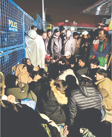 LED by Imran Khan’s sister, Aleema, PTI supporters stage a sit-in at the Factory Naka after being denied permission to visit Adiala jail to meet the party’s incarcerated founder.—X/PTIofficial
