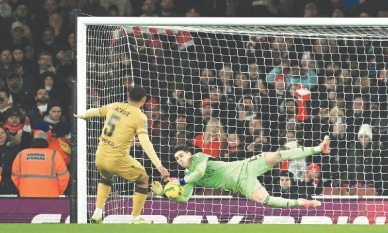 ARSENAL goalkeeper Kepa Arrizabalaga saves a penalty from Maxence Lacroix of Crystal Palace during their League Cup quarter-final at the Emirates Stadium.&mdash;Reuters