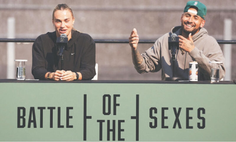 DUBAI: Aryna Sabalenka (L) and Nick Kyrgios attend a news conference for the &lsquo;Battle of the Sexes&rsquo; at the Coca-Cola Arena on Saturday.&mdash;Reuters
