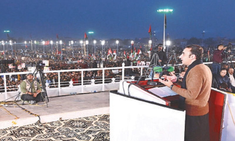 PPP Chairman Bilawal Bhutto-Zardari addresses a public gathering on the occasion of former prime minister Benazir Bhutto’s 18th death anniversary at Bhuttos’ mausoleum in Garhi Khuda Bakhsh.—PPI PPP Chairman Bilawal Bhutto-Zardari addresses a public gathering on the occasion of former prime minister Benazir Bhutto’s 18th death anniversary at Bhuttos’ mausoleum in Garhi Khuda Bakhsh.—PPI
