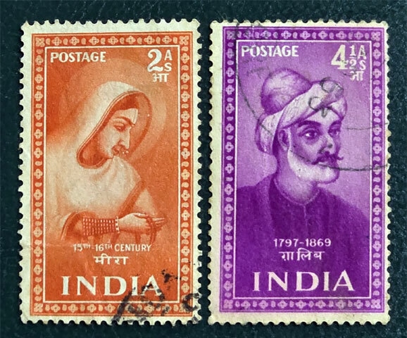 Mirabai and Ghalib stamps, mentioned in Adeeb’s 1952 letter, that are part of the ‘Indian Saints and Poets’ series | Photos from the writer's collection