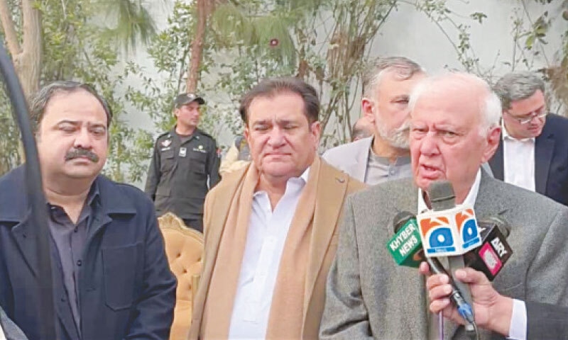 Aftab Sherpao talks to media-persons in Charsadda on Sunday. —Dawn Aftab Sherpao talks to media-persons in Charsadda on Sunday. —Dawn