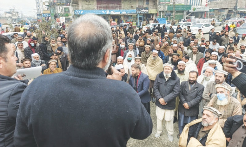 A speaker addresses a protest rally in Timergara, Lower Dir, on Tuesday. —Dawn A speaker addresses a protest rally in Timergara, Lower Dir, on Tuesday. —Dawn