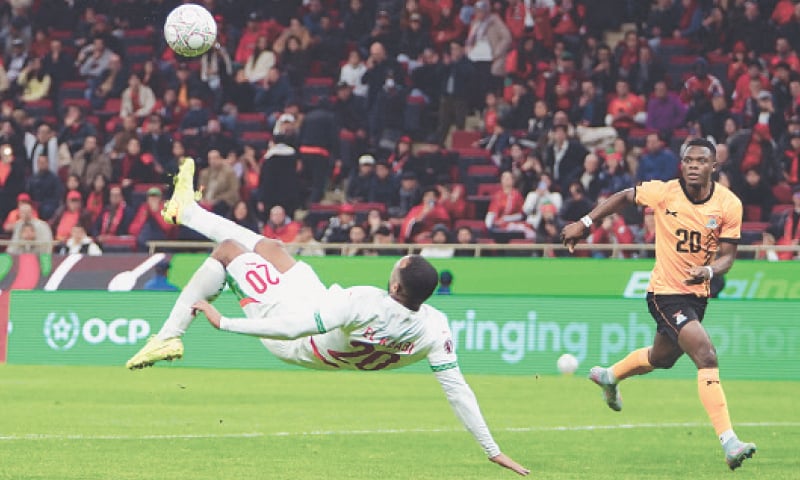 RABAT: Morocco&rsquo;s Ayoub El Kaabi scores against Zambia during their Africa Cup of Nations Group &lsquo;A&rsquo; match at the Prince Moulay Abdellah Stadium.&mdash;Reuters