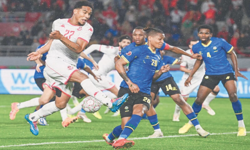 RABAT: Tunisia&rsquo;s Seifeddine Jaziri (L) tries to kick the ball during the Africa Cup of Nations Group &lsquo;C&rsquo; match against Tanzania at the Rabat Olympic Stadium.&mdash;AFP