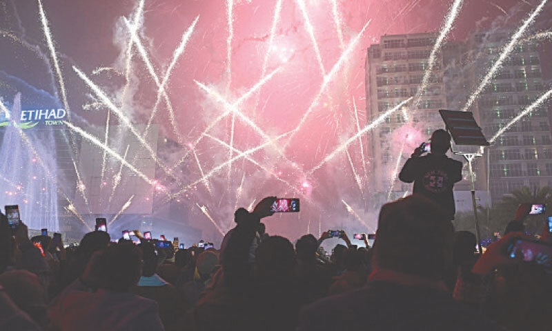 Lahore: Fireworks light up the midnight sky over Liberty Chowk during New Year celebrations.&mdash;White Star