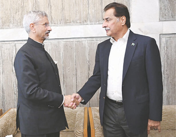 DHAKA: National Assembly Speaker Ayaz Sadiq shakes hands with Indian External Affairs Minister Subrahmanyam Jaishankar on Wednesday, ahead of the funeral of former Bangladeshi prime minister Khaleda Zia.&mdash;White Star