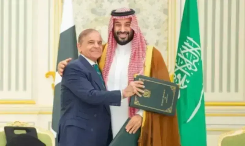 Prime Minister Shehbaz Sharif and Saudi Crown Prince Mohammed Bin Salman embrace after the two countries signed a joint defence accord on September 17, 2025. &mdash; Photo courtesy Saudi Gazette/File