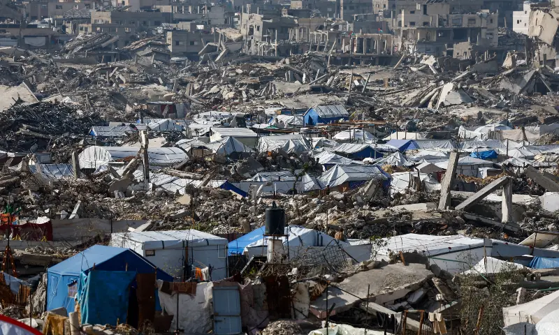 A view of tents sheltering displaced Palestinians near the rubble of residential buildings destroyed during the war, on the New Year&rsquo;s Eve in Jabalia, northern Gaza Strip on December 31, 2025. &mdash; Reuters
