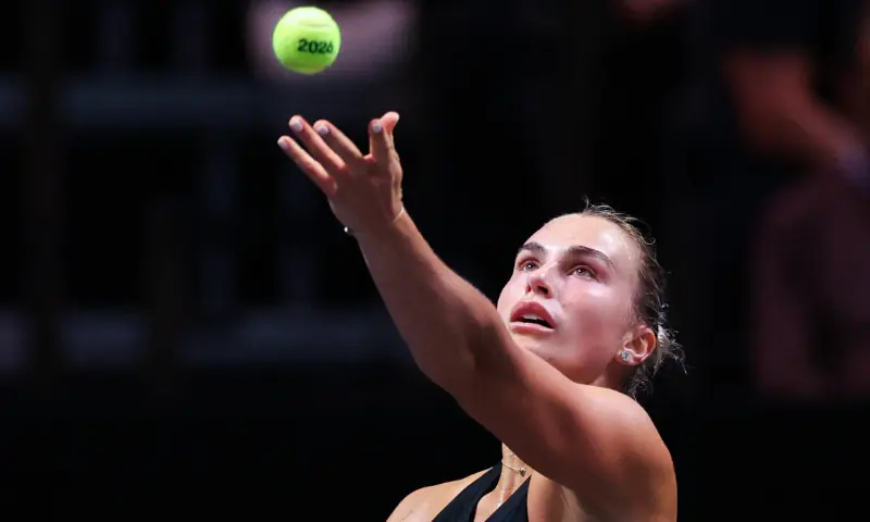 Belarus&rsquo; Aryna Sabalenka serves against Australia&rsquo;s Nick Kyrgios during the Battle of the Sexes tennis match at the Coca-Cola Arena in Dubai on December 28, 2025. &mdash; AFP