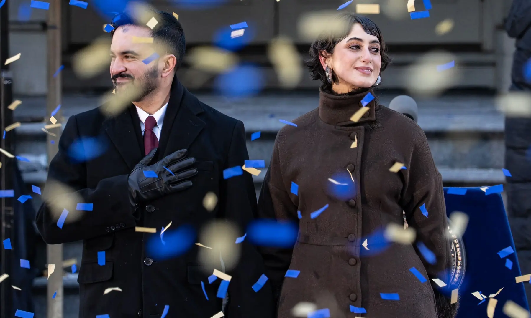 New York Mayor Zohran Mamdani and his wife Rama Duwaji smile as confetti falls after his ceremonial inauguration as mayor at City Hall Thursday January 1, 2026 in New York, NY. — AFP