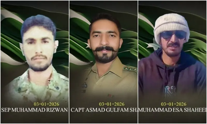 A combination photo of martyred soldiers Sepoy Muhammad Rizwan and Captain Asmad Gulfam and martyred civilian machine operator Muhammad Essa. &mdash; Photos courtesy ISPR