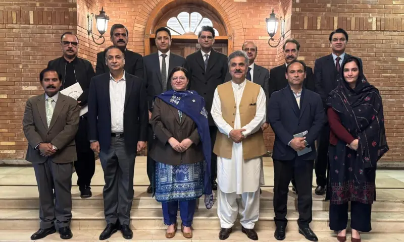 Chief Justice of Pakistan Yahya Afridi poses for a group photo with participants of a high-level meeting to review judicial infrastructure and public facilitation initiatives in Lahore on January 3. &mdash; PID