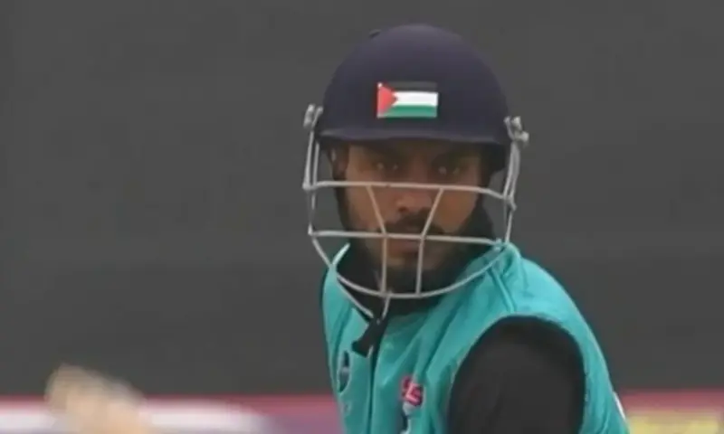 Cricketer Furqanul Haq wears a helmet bearing a Palestinian flag during a match in Jammu in a video circulated on social media, for which the cricketer faced inquiries on January 2. &mdash; NewsAlgebraIND via X