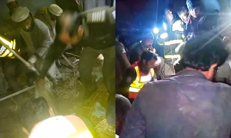 Locals and rescue officials are removing the debris to pull out the injured and deceased under the collapsed roof in the early hours of Jan 4, 2026. &mdash; Faiz Muhammad