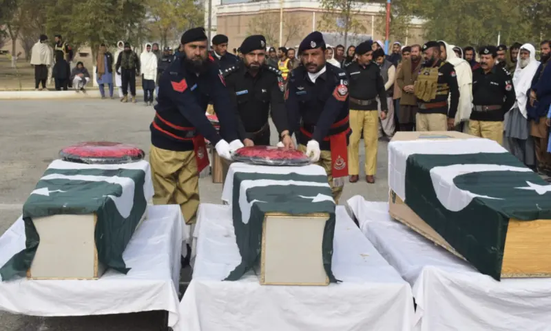 Funeral prayers of three traffic policemen martyred in a gun attack are offered at the Lakki Marwat Police Lines on Jan 4, 2026. — KP Police via Ghulam Mursaleen