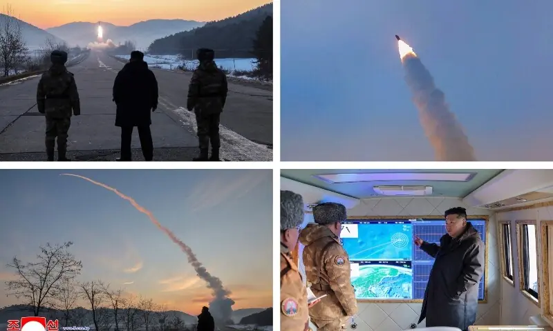 This combination of pictures taken on January 4, 2026 and released by North Korea’s official Korean Central News Agency (KCNA) via KNS on January 5, 2026 shows North Korean leader Kim Jong Un inspecting a missile launch exercise in Pyongyang. — AFP This combination of pictures taken on January 4, 2026 and released by North Korea’s official Korean Central News Agency (KCNA) via KNS on January 5, 2026 shows North Korean leader Kim Jong Un inspecting a missile launch exercise in Pyongyang. — AFP