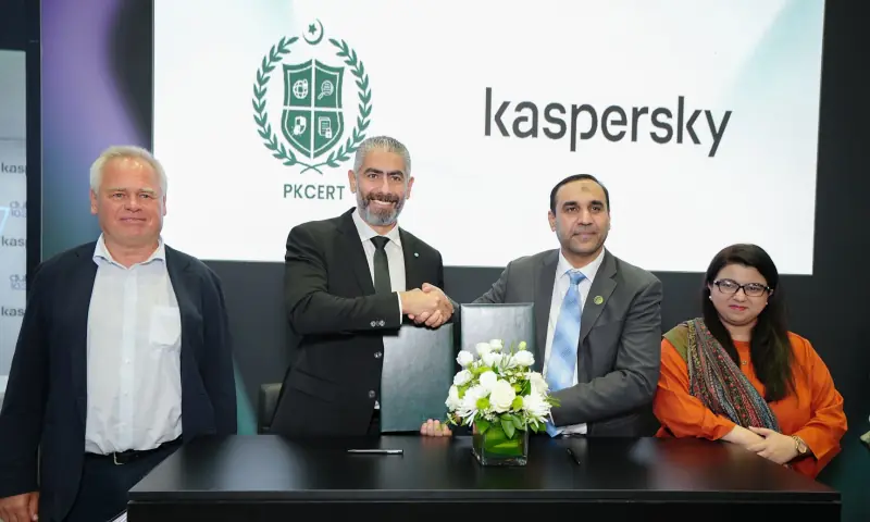 PKCERT Director General Dr Haider Abbas and Kaspersky’s General Manager for the Middle East and Pakistan Rashed Al Momani exchange an MoU on cybersecurity in the presence of Kaspersky CEO Eugene Kaspersky and IT Minister Shaza Fatima Khawaja, on January 5. — Photo courtesy Kaspersky PKCERT Director General Dr Haider Abbas and Kaspersky’s General Manager for the Middle East and Pakistan Rashed Al Momani exchange an MoU on cybersecurity in the presence of Kaspersky CEO Eugene Kaspersky and IT Minister Shaza Fatima Khawaja, on January 5. — Photo courtesy Kaspersky