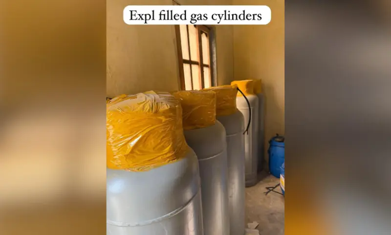 Image shows explosive filled gas cylinders. — Photo via CTD