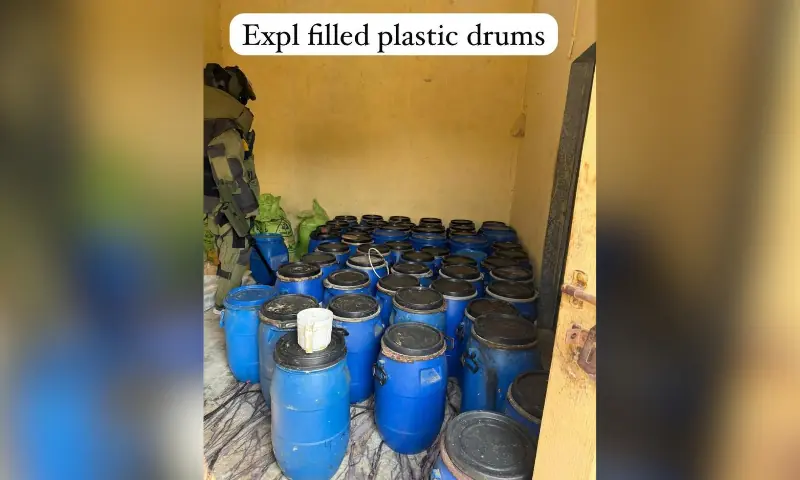 Image shows plastic drums filled with explosives. — Photo via CTD