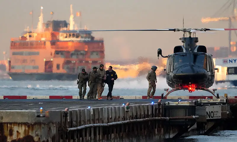 Deposed Venezuelan president Nicolas Maduro arrives at the Downtown Manhattan Heliport, as he heads towards the Daniel Patrick Manhattan United States Courthouse for an initial appearance to face US federal charges in New York City, the US on January 5. &mdash; Reuters
