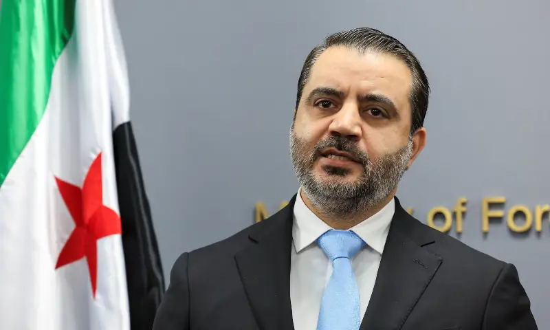 Syrian Foreign Minister Asaad Al-Shibani attends a press conference at the Lebanese foreign ministry, in Beirut, Lebanon on Oct 10, 2025. &mdash; Reuters/Mohamed Azakir/File