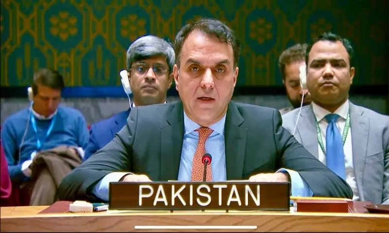 Pakistan&rsquo;s Acting Permanent Representative Ambassador Usman Jadoon speaks at the UNSC. &mdash;
Permanent Mission of Pakistan to the UN X