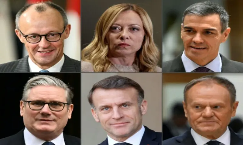 This combination of pictures shows (clockwise, from top L) Germany&rsquo;s Chancellor Friedrich Merz, Italy&rsquo;s Prime Minister Giorgia Meloni, Spain&rsquo;s Prime Minister Pedro Sanchez, Poland&rsquo;s Prime Minister Donald Tusk, France&rsquo;s President Emmanuel Macron, and Britain&rsquo;s Prime Minister Keir Starmer. &mdash;AFP
