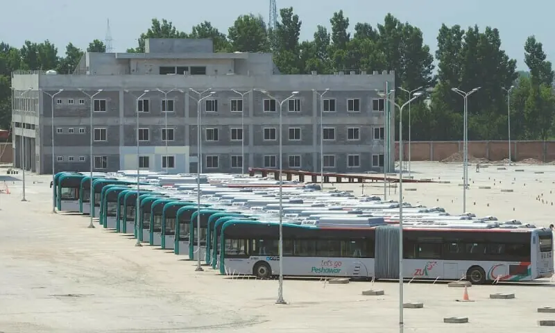 PESHAWAR: The 18-metre-long buses are parked at the Chamkani bus terminal. &mdash; Abdul Majeed Goraya/White Star/File