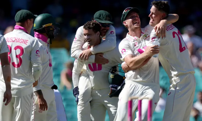 Australia’s Beau Webster (R) celebrates with team mates after dismissing England’s Harry Brook on day four of the fifth Ashes cricket Test match between Australia and England at the SCG in Sydney on January 7, 2026. — AFP Australia’s Beau Webster (R) celebrates with team mates after dismissing England’s Harry Brook on day four of the fifth Ashes cricket Test match between Australia and England at the SCG in Sydney on January 7, 2026. — AFP