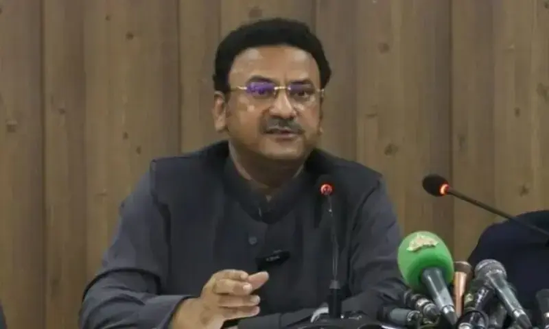 In this file photo, Sindh Home Minister Ziaul Hasan Lanjar addresses a press conference. &mdash; APP/File