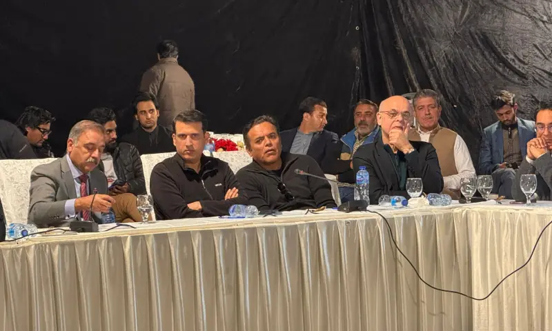 Journalists Kashif Abbasi and Mohammad Malick, among others, attend a conference in Islamabad on Jan 7, 2026. — via author Journalists Kashif Abbasi and Mohammad Malick, among others, attend a conference in Islamabad on Jan 7, 2026. — via author