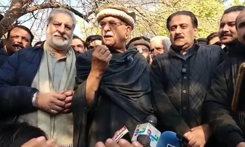 Pakhtunkhwa Milli Awami Party Chairman Mahmood Khan Achakzai speaks to the media before departing for Lahore in Islamabad on January 8. &mdash; Screengrab from video via X/ @TTAP_OFFICIAL