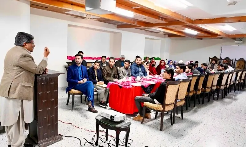 AJK Information Minister Rafique Nayyar speaks to the participants of an awareness workshop on media literacy and social media in Muzaffarabad on Thursday. — Photo via author AJK Information Minister Rafique Nayyar speaks to the participants of an awareness workshop on media literacy and social media in Muzaffarabad on Thursday. — Photo via author