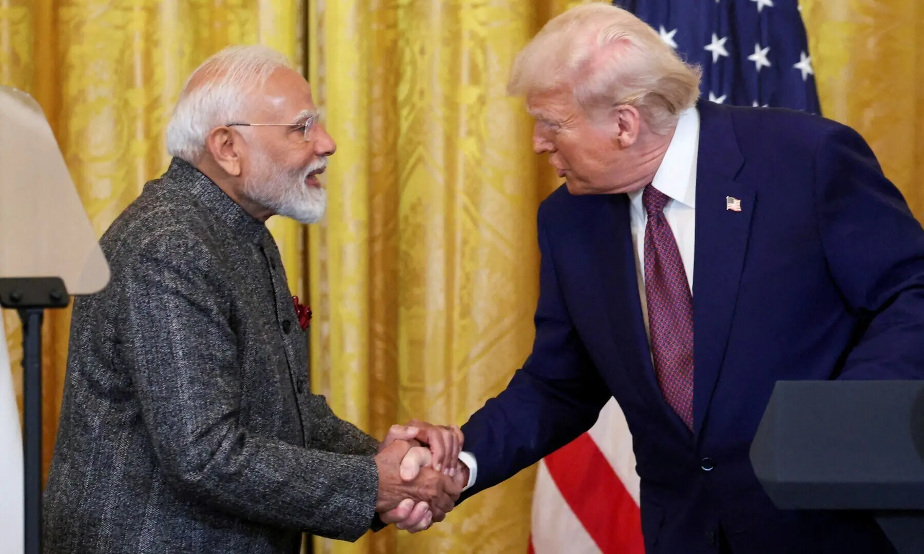 US President Donald Trump and Indian Prime Minister Narendra Modi shake hands as they attend a joint press conference at the White House in Washington, DC, US, February 13, 2025. &mdash; Reuters/File