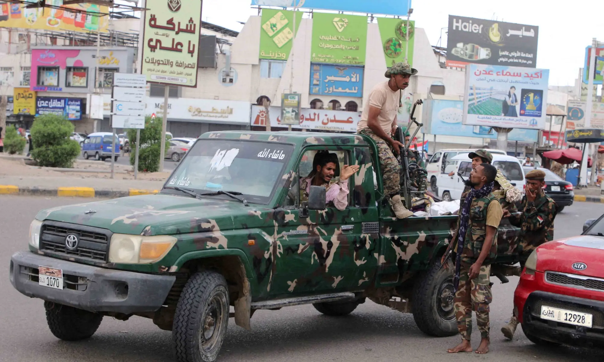Police troopers patrol a street after, according to the Saudi-backed coalition, Aidarous al-Zubaidi, the leader of Yemen&rsquo;s Southern Transitional Council (STC), fled to an unknown destination, in Aden, Yemen January 7, 2026. &mdash; Reuters