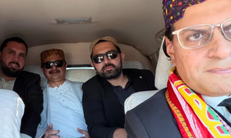PTI Secretary General Salman Akram Raja (R) grabs a selfie with KP CM Sohail Afridi (2R), PTI Sindh President Haleem Adil Sheikh (C) and KP LG Minister Meena Khan Afridi (L) inside a car in Karachi on Jan 10, 2026. &mdash; X/MeenakhanAfridi