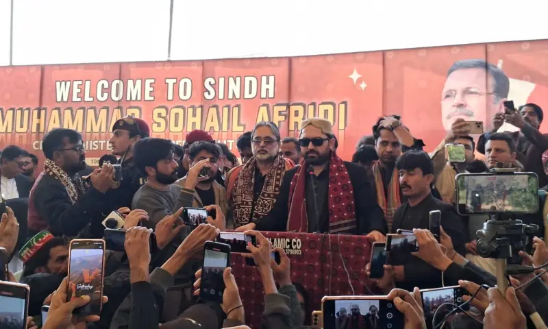 KP CM Sohail Afridi addresses an event held by the Sindh United Party in Jamshoro on Jan 10, 2026. &mdash; Umair Ali Rajput