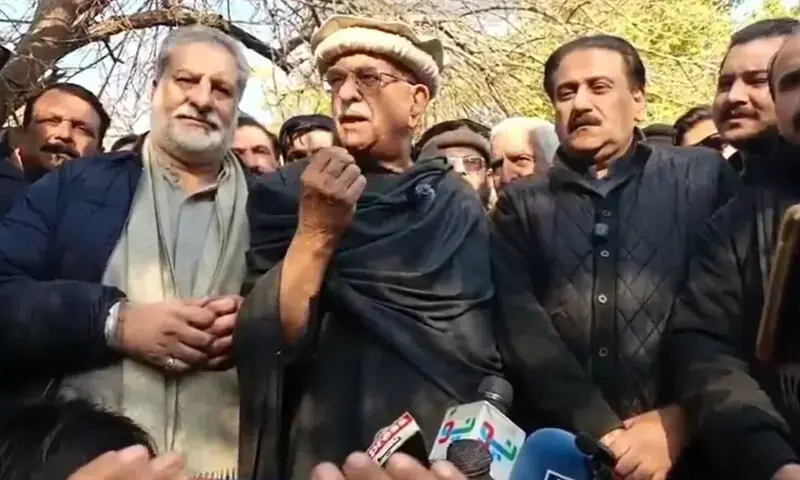 Pakhtunkhwa Milli Awami Party Chairman Mahmood Khan Achakzai speaks to the media before departing for Lahore in Islamabad on January 8. &mdash; Screengrab from video via X/ @TTAP_OFFICIAL