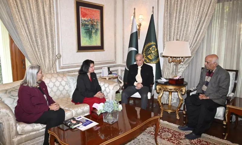 Samina Amjad Randhawa and Amjad Karim Randhawa, parents of the late Arfa Karim Randhawa, and Arfa Karim Foundation CEO Tabinda Islam call on Prime Minister Shehbaz Sharif in Islamabad on January 11. — PID Samina Amjad Randhawa and Amjad Karim Randhawa, parents of the late Arfa Karim Randhawa, and Arfa Karim Foundation CEO Tabinda Islam call on Prime Minister Shehbaz Sharif in Islamabad on January 11. — PID