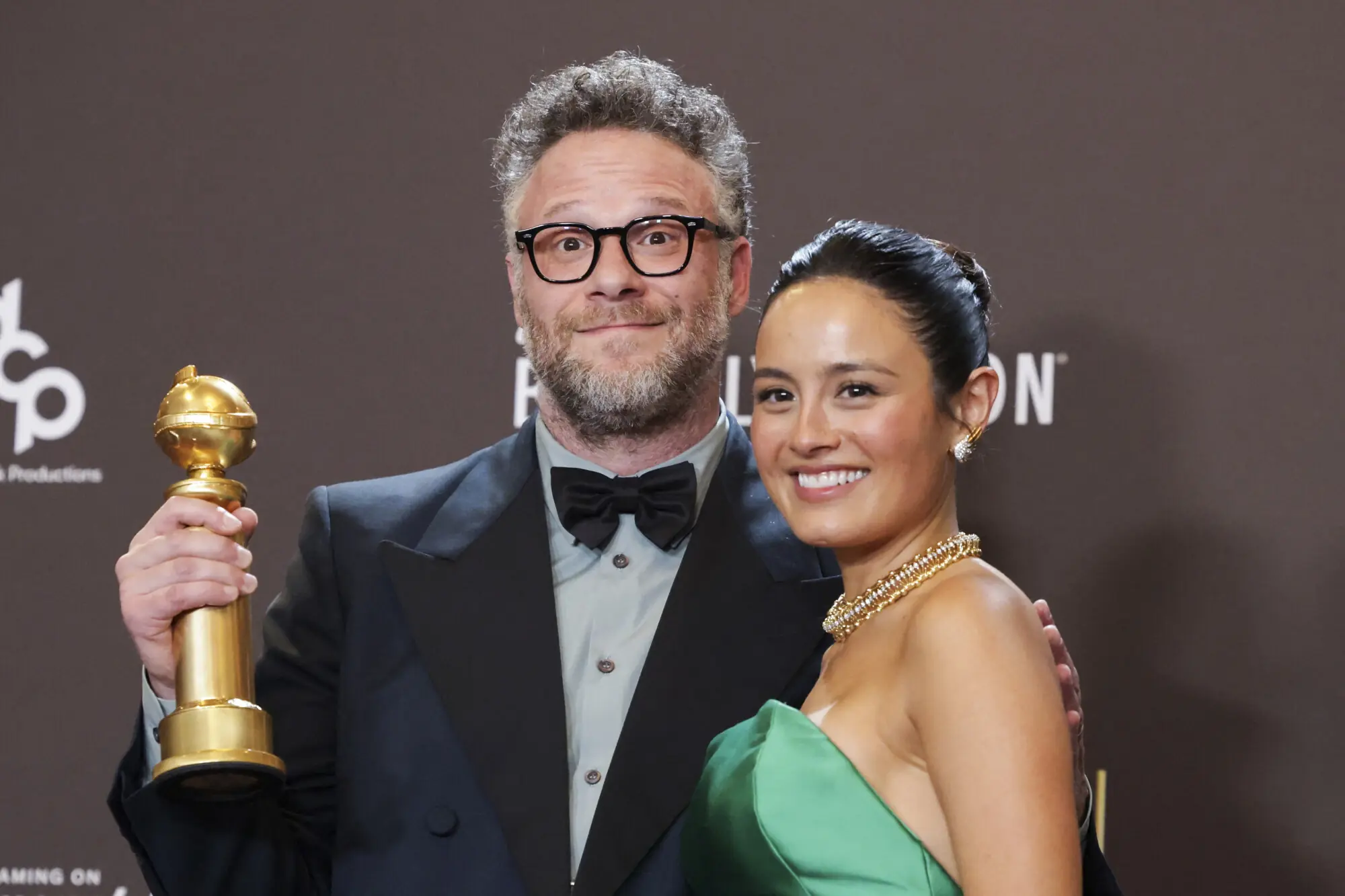 Seth Rogen with his award for Best Actor, Comedy/Musical. Photo: Reuters