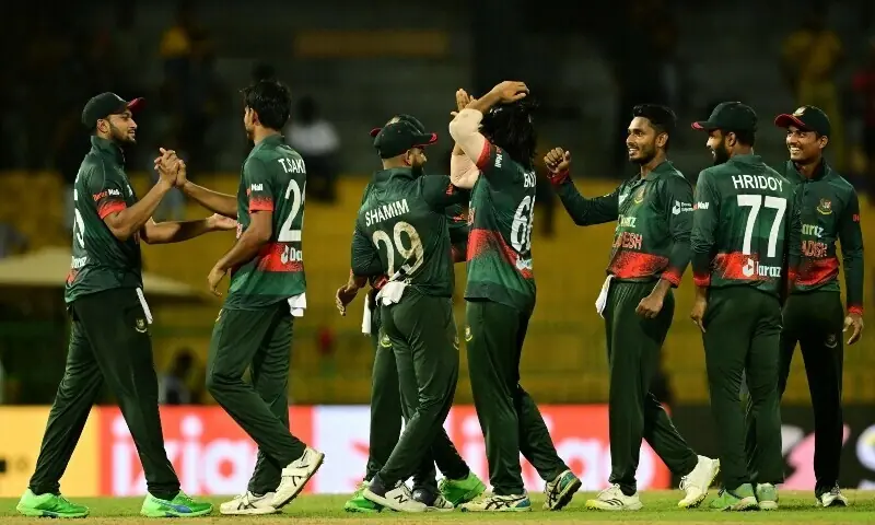 Bangladesh&rsquo;s players including captain Shakib Al Hasan (L) celebrate after their victory over India in the Asia Cup 2023 Super Four one-day international (ODI) cricket match between India and Bangladesh at the R. Premadasa Stadium in Colombo on September 15, 2023. &mdash; AFP/File