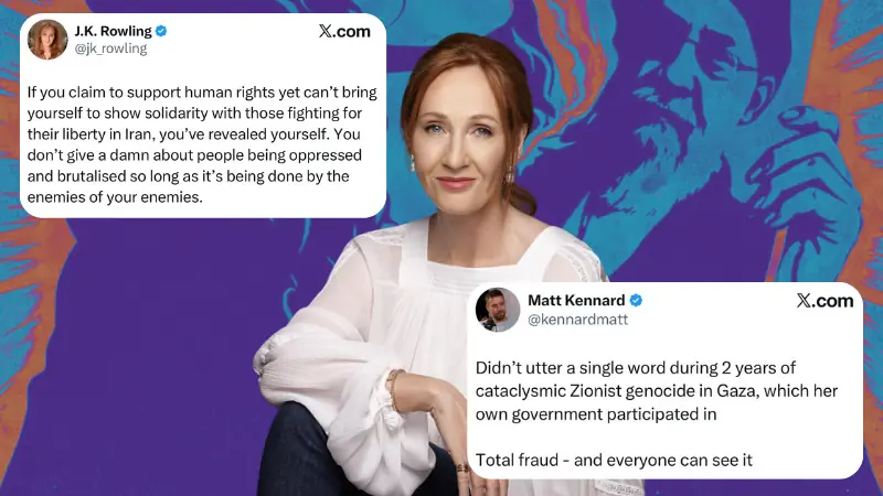 After silence on Israel&rsquo;s genocide in Gaza, JK Rowling is championing women&rsquo;s rights in Iran &mdash; and X isn&rsquo;t having it