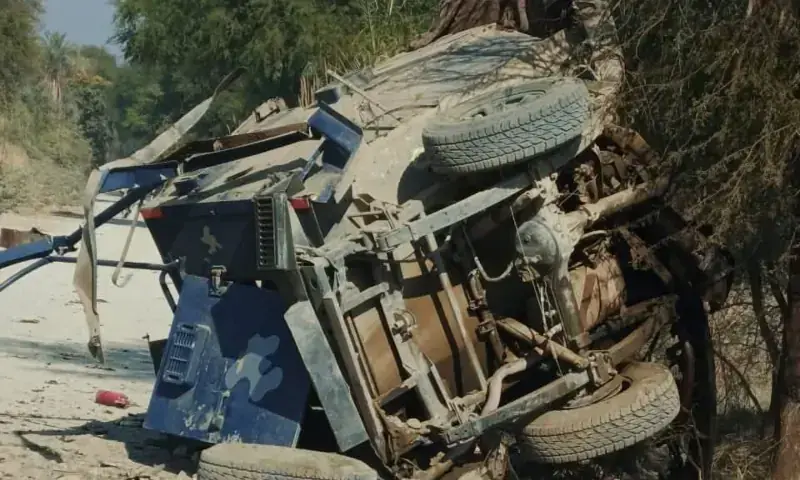 A police vehicle lies damaged after a blast hit it in KP&rsquo;s Tank district on Jan 12, 2026. &mdash; KP Police