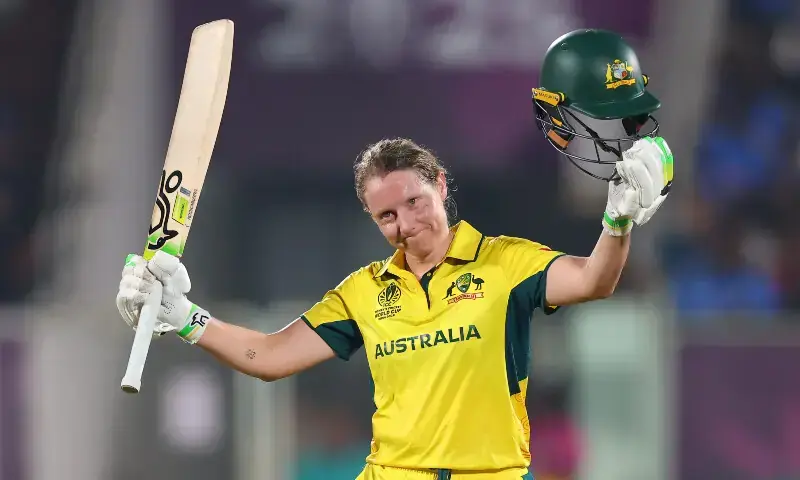 Australia captain Alyssa Healy celebrates after her hundred against India in their Women&rsquo;s World Cup clash in Visakhapatnam on October 12. &mdash; ICC/File