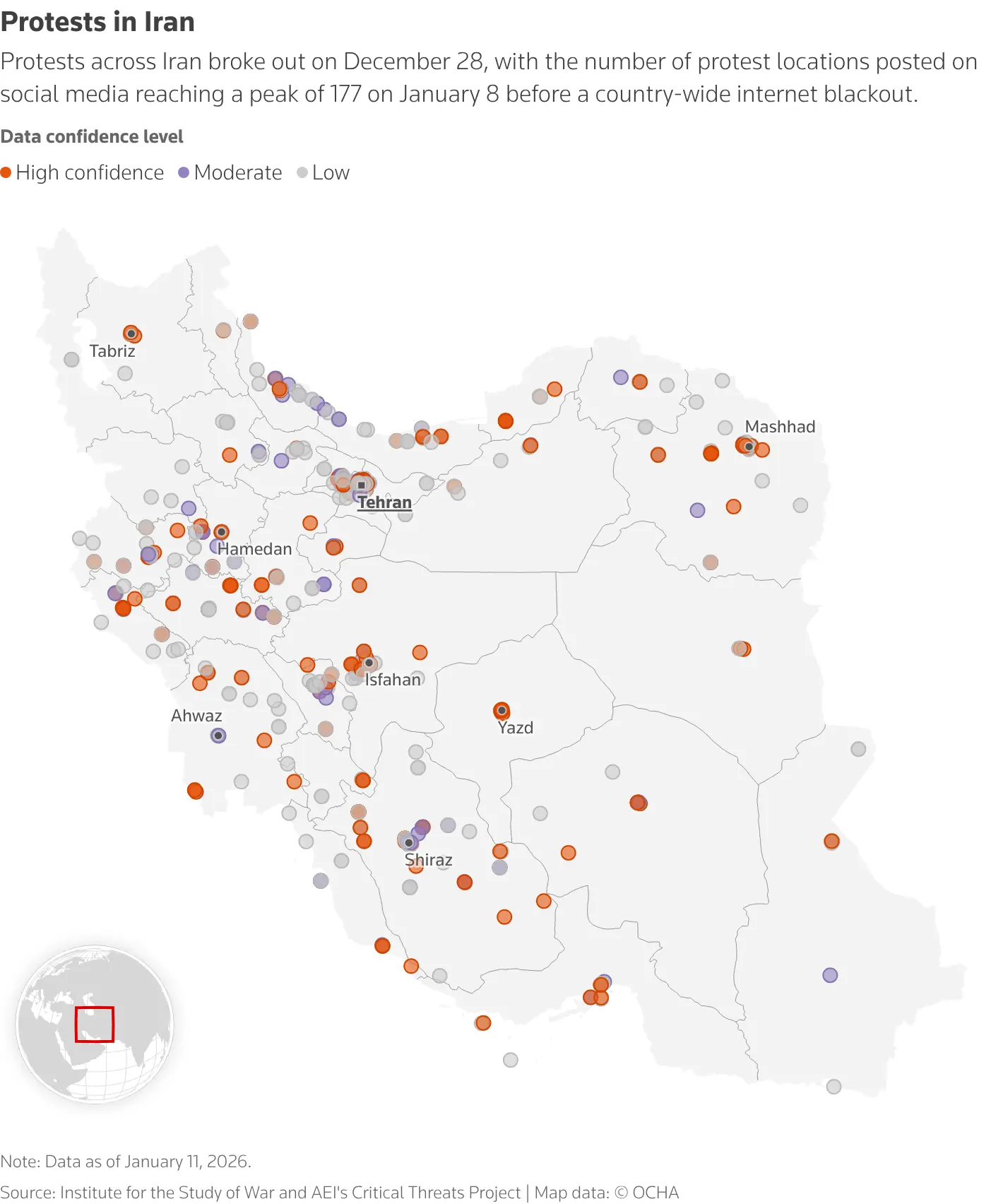  A map of Iran showing the locations of protests as posted on social media. — Reuters 