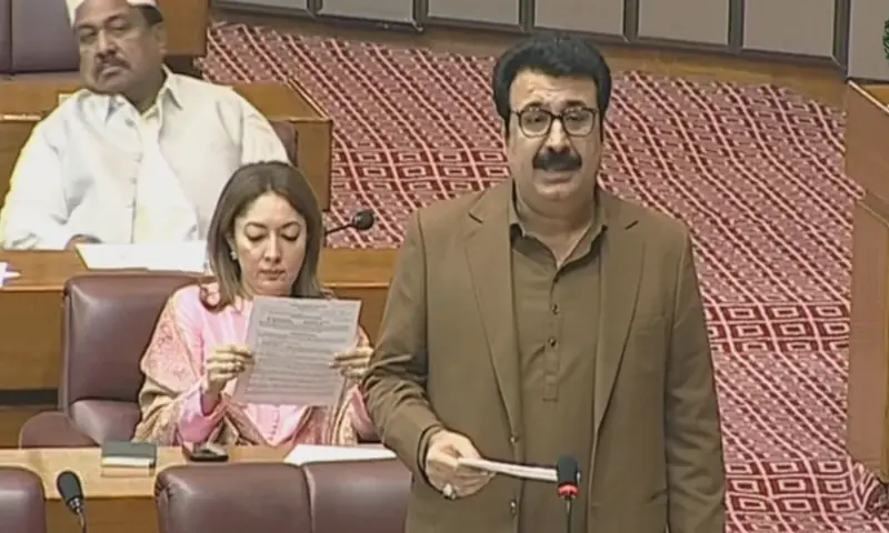  PPP MNA Agha Rafiullah moves a resolution before the National Assembly on Jan 13, 2026. — screengrab via YouTube/NaofPakistan 